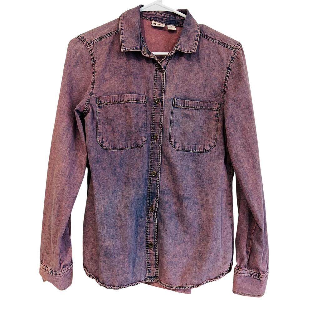 Mudd 80's Style Pink Denim Shirt Sz S Cotton Button Up Acid Wash Retro Grunge